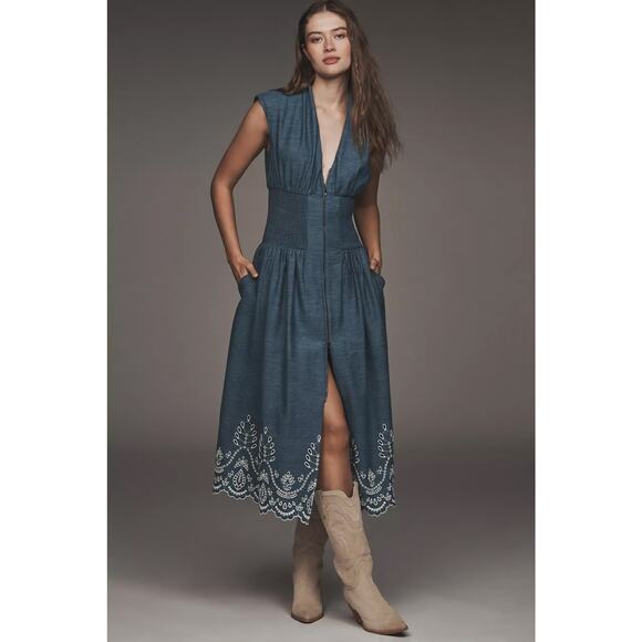 Anthropologie Dresses & Skirts - by ANTHROPOLOGIE sz L The Tommie cap sleeve zip dress eyelet edition in denim